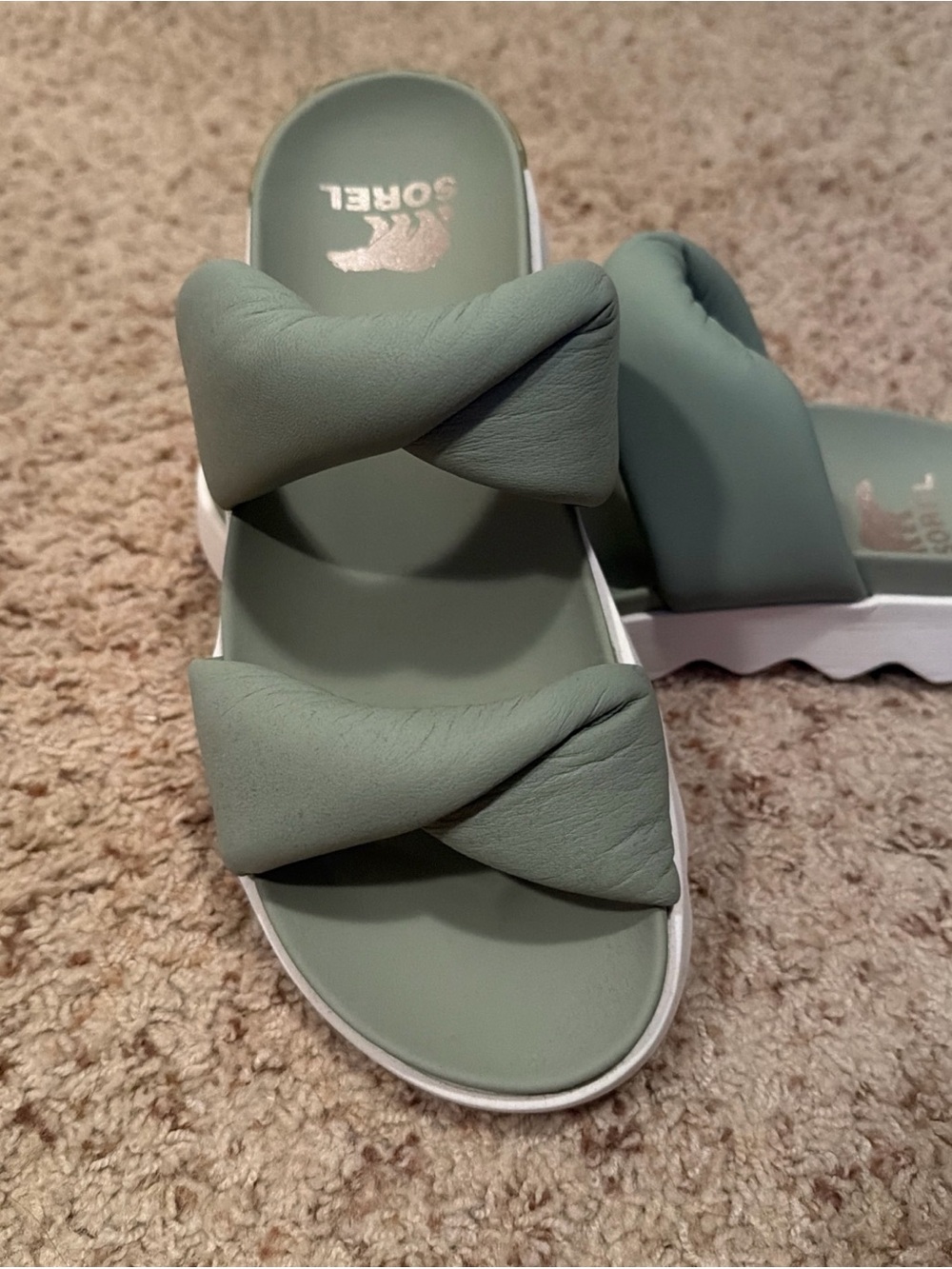 Sorel Women's Padded Slide Sandal in Sage Green with White Sole